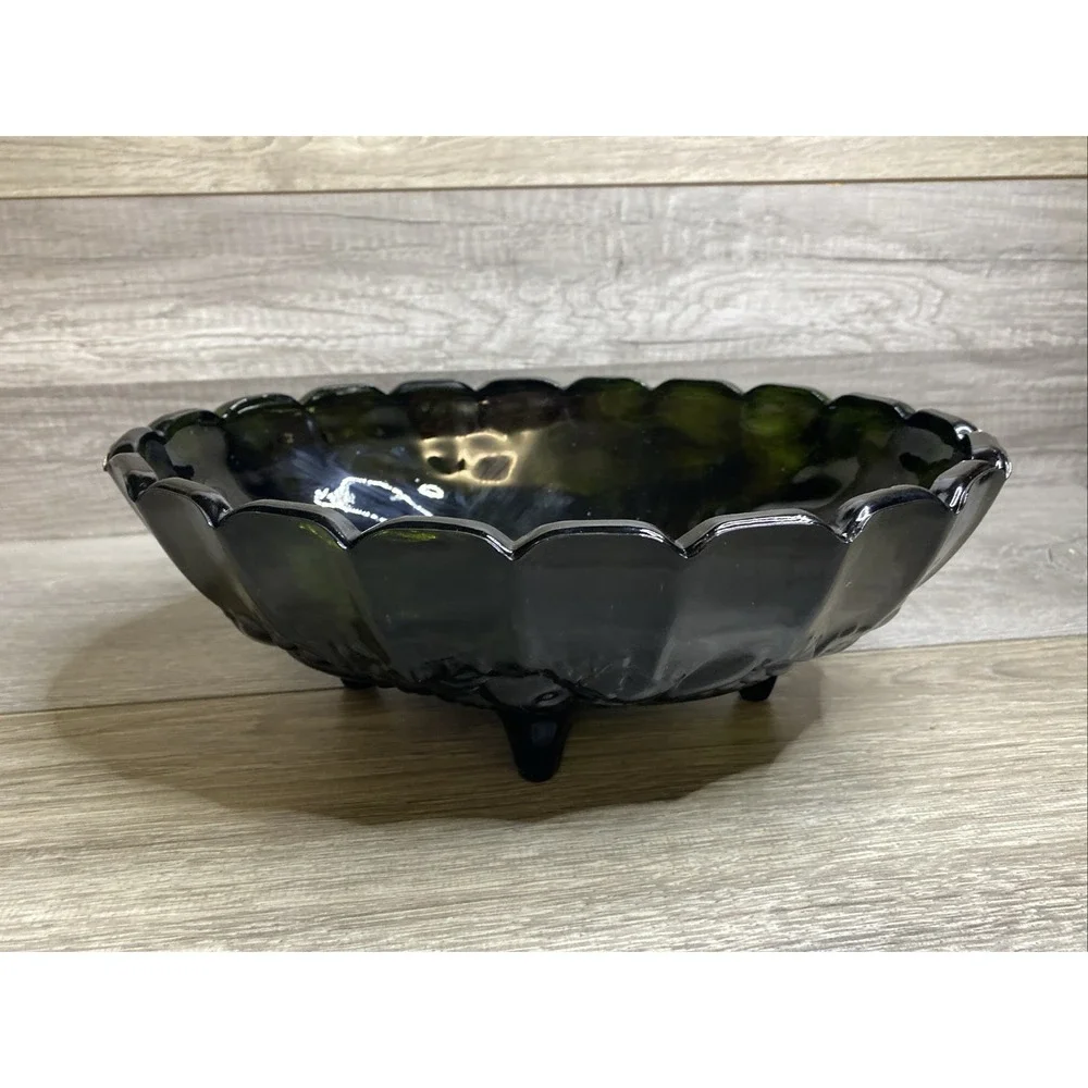 Vtg Indiana Glass Co Black Glass Bowl Fruit Pattern Approximately 12x8x4